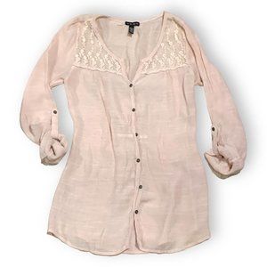 F.A.N.G. Medium Champagne Pale PinkButton Down Blouse Long Roll Tab Sleeve Top
